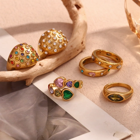 Zircon Ring Stainless Steel 18K Gold Plated Heart Marquise Zircon Geometric Dome Rings For Women Vintage Fashion Jewelry