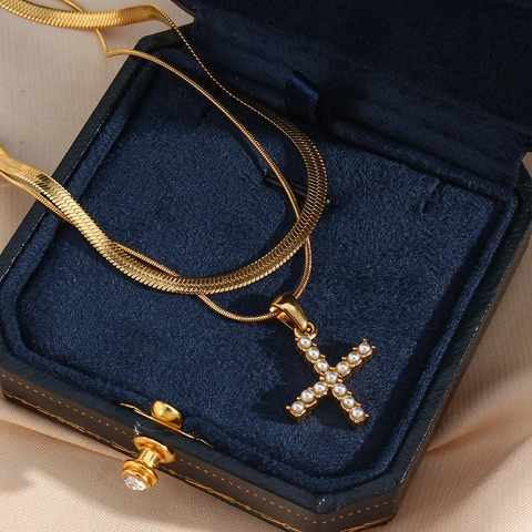 Double Layer Stainless Steel Necklace For Women Gold Plated Snake Chain Artificial Pearl Alphabet Initial Letter Pendant Necklace Jewelry