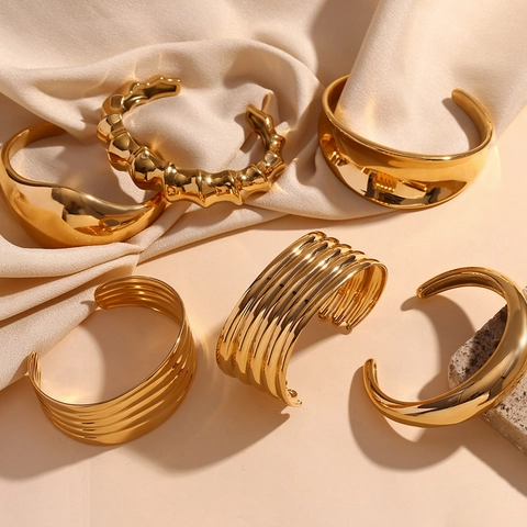 Minimalistische Roestvrij Stalen Open Armring Voor Dames Goud Zilver Geometrisch Golf Bamboe Knoop Meerlaags Breed Sieraden