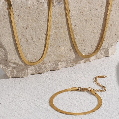 Flat Herringbone Chain Necklace Bracelet Minimalist Stainless Steel 18K Gold Plated Snake Chain Jewelry For Women