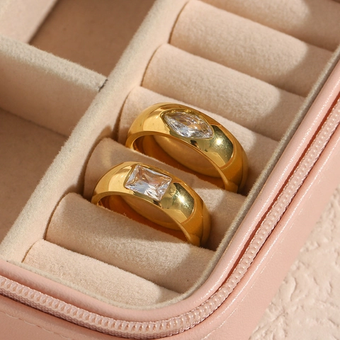 Edelstahl Ring 18 Karat Vergoldet Zirkonia Eingelegt Geometrisch Quadratisch Marquise Minimalistischer Modeschmuck Für Damen