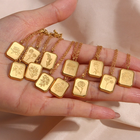 Stainless Steel Gold Plated Necklace Square Birth Flower Relief Pendant Vintage Fashion Minimalism Jewelry For Women
