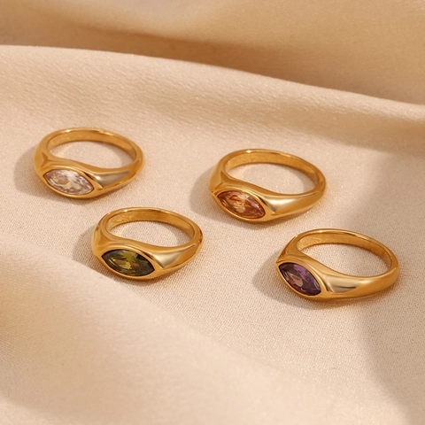 Anello Sigillo in Acciaio Inossidabile 316L Placcato Oro 18K Con Zirconia Marquise per Donna Gioielli Moda Minimalista