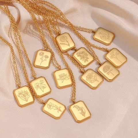 Stainless Steel Gold Plated Necklace Square Birth Flower Relief Pendant Vintage Fashion Minimalism Jewelry For Women