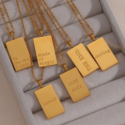 Stainless Steel 18K Gold Plated Rectangular Pendant Necklace With Engraved Quotes Darling Loved For Women Jewelry Gift