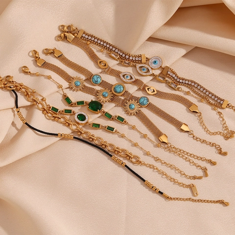 Pulsera Ojo Turco Bañada En Oro De 18K Acero Inoxidable 316L Piedra Natural Circón Cadena De Malla Joyería Vintage Mujer