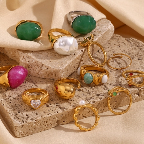 Vintage Stainless Steel 18K Gold Plated Rings For Women Rhinestone Artificial Pearl Geometric Hollow Heart Wave Open Ring Fashion Niche Jewelry Gift