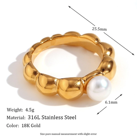 Vintage Stainless Steel 18K Gold Plated Rings For Women Rhinestone Artificial Pearl Geometric Hollow Heart Wave Open Ring Fashion Niche Jewelry Gift