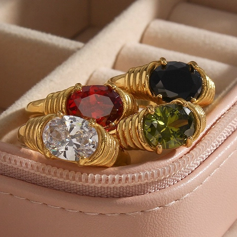 Ovaler Zirkon Edelstahl Ring Rippentextur Vergoldet Retro Minimalistischer Stil Schmuck Für Damen