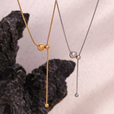 Minimalist Y Shape Necklace Stainless Steel 18K Gold Plated Snake Chain With Metal Beads Adjustable Drawstring For Women