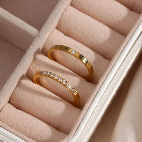 Fashion 18K Gold Plated Stainless Steel Thin Ring Sparkling Zircon Solitaire Half Eternity Band For Women Jewelry Gift