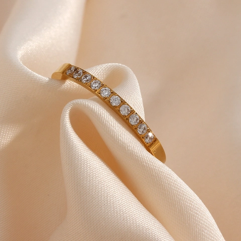 Fashion 18K Gold Plated Stainless Steel Thin Ring Sparkling Zircon Solitaire Half Eternity Band For Women Jewelry Gift
