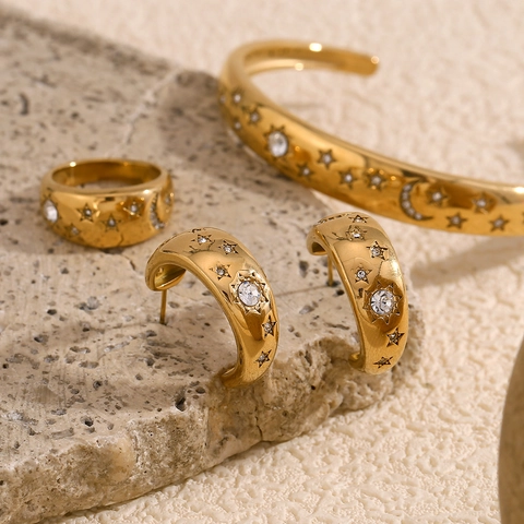 18K Vergulde Roestvrijstalen Armring Oorbellen Ring Ster Maan Strass Hemelse Mode Sieraden Voor Dames