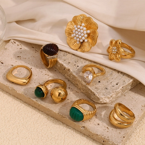 Anelli Geometrici Floreali Vintage Acciaio Inossidabile Placcato Oro 18K Acrilico Finta Perla Artificial Zircone Gioielli Moda Per Donna