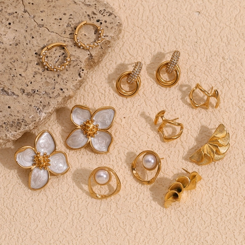 Ohrstecker Edelstahl 18K Vergoldet Damen Künstliche Perle Zirkonia Emaille Geometrische Blumen Blütenblatt Vintage Eleganter Schmuck