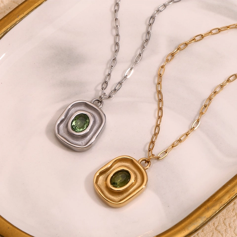Pendant Necklace Vintage 18K Gold Plated Stainless Steel Green Zircon Irregular Rectangle Paperclip Chain Jewelry For Women