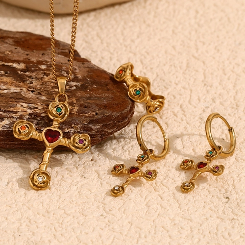 Kruis Roos Hart Ketting Oorbellen Ring 18K Verguld Roestvrij Staal Kleurrijke Strass Retro Creatieve Sieraden Vrouwen