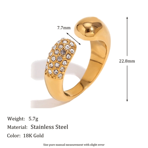Vintage Stainless Steel 18K Gold Plated Open Ring For Women Hammered Flower Rose Adjustable Rhinestone Fashion Jewelry Gift