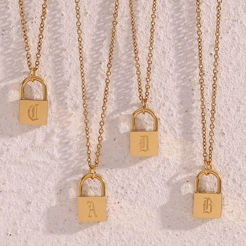 Stainless Steel Gothic Initial Letter Padlock Necklace For Women Gold Plated Engraved Initial Lock Pendant Jewelry Necklace