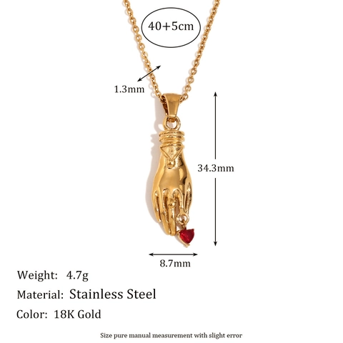 Vintage Stainless Steel 18K Gold Plated Hand Holding Red Heart Rhinestone Pendant Necklace For Women Personalized Fashion Jewelry