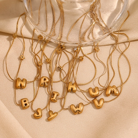18K Gold Plated Stainless Steel Bubble Alphabet Necklace For Women Trendy Personalized Puffy Letter Rhinestone Pendant Necklace Jewelry