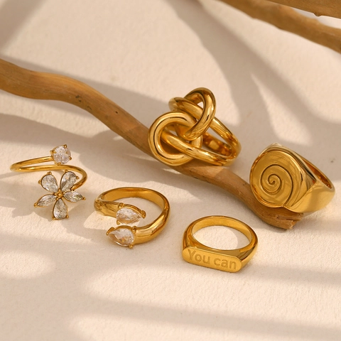 Elegant Stainless Steel Ring For Women 18K Gold Plated Zirconia Floral Spiral Knot Shell Engraved Fashion Jewelry