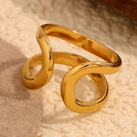 Minimalistischer Edelstahl 18K Vergoldet Welle Doppelschicht Offener Ring Verstellbare Geometrie Kunstschmuck Damen Geschenk