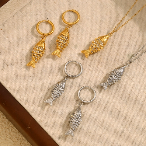 Elegant Koi Fish Pendant Necklace And Hoop Earrings 18K Gold Plated Stainless Steel Full Rhinestone Jewelry For Women