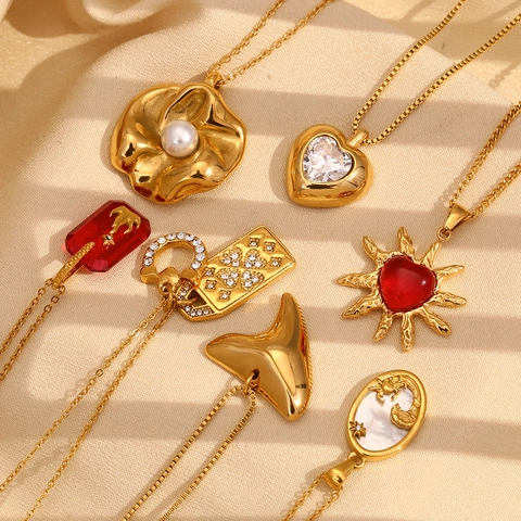 Collar Con Colgante Vintage De Acero Inoxidable Chapado En Oro 18K Mujer Elegante Zodíaco Ágata Nácar Perla Artificial Circón