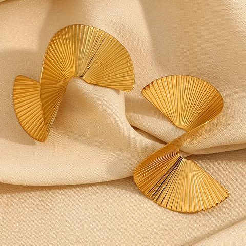 Boucles D'oreilles En Forme D'éventail Torsadé Acier Inoxydable Plaqué Or 18K Spirale Texturée Géométrique Pour Femmes