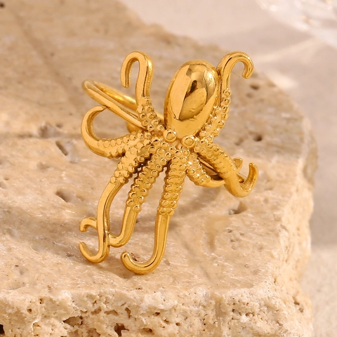 Anillo Abierto De Pulpo Acero Inoxidable Chapado En Oro De 18K Serie Océano Única Joyería Ajustable Para Mujer