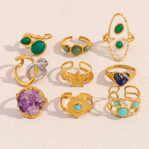 Vintage Stainless Steel 18K Gold Plated Adjustable Rings For Women Bohemian Heart Starfish Shell Gemstone Inlaid Open Rings Ocean Jewelry Gift