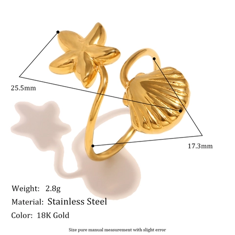 Anello Aperto in Acciaio Inossidabile con Stella Marina e Conchiglia Placcato Oro 18K Gioielli Regolabili Stile Oceano per Donna