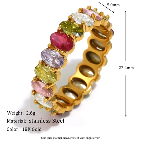 Fashion Stainless Steel Oval Rhinestone Eternity Ring 18K Gold Plated Colorful Gemstone Band Jewelry For Women Gift
