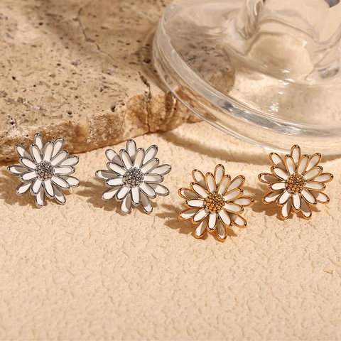 Edelstahl Gänseblümchen Ohrstecker Für Damen Weiß Emaille Blume Schmuck 18K Gold Silber Plattiert Elegant Blumen Ohrringe