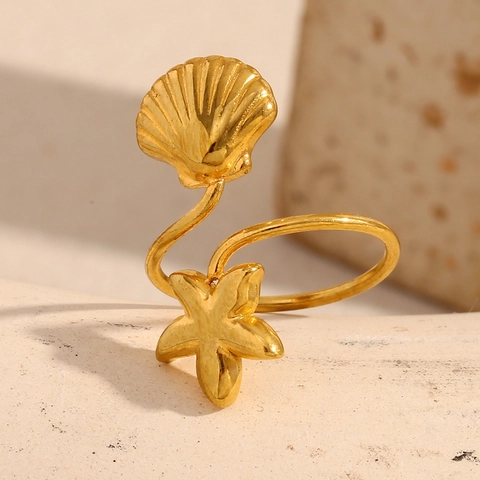 Anello Aperto in Acciaio Inossidabile con Stella Marina e Conchiglia Placcato Oro 18K Gioielli Regolabili Stile Oceano per Donna