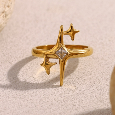 North Star Ring 18K Gold Plated Stainless Steel Square Zircon Cross Star Minimalist Luxury Jewelry For Women Fashion