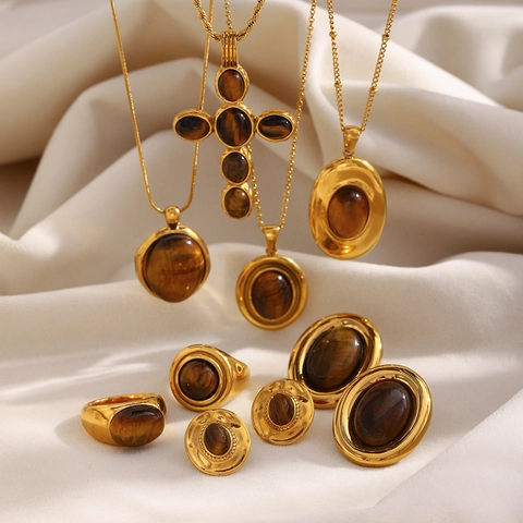 Vintage Tijgeroog Steen Oorbellen Ketting En Ring Roestvrij Staal 18K Vergulde Sieraden Voor Vrouwen Luxe Retro Stijl