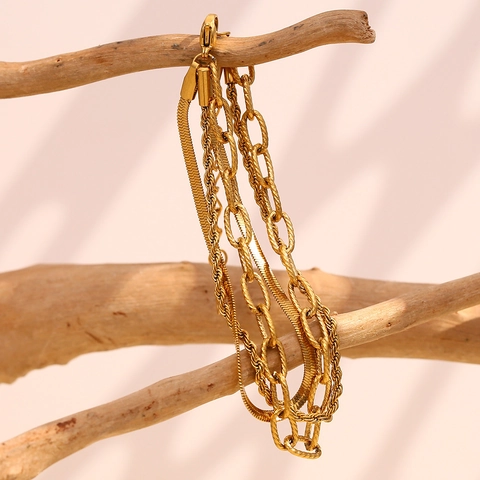 Dreilagiges Edelstahl Armband Damen 18K Vergoldet Schlangen Kordelkette Minimalistischer Täglicher Schmuck Geschenk
