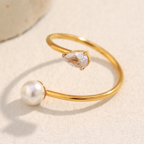 Anello Serpente Aperto Asimmetrico Acciaio Inossidabile Placcato Oro 18K Con Imitazione Perla Artificial E Zircone Goccia Da Donna