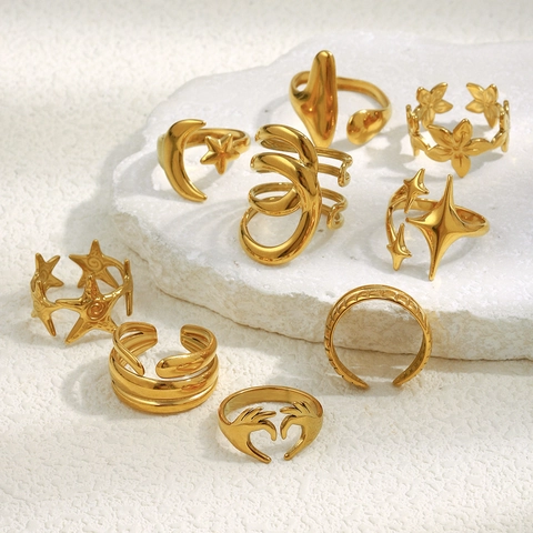Verstellbarer Offener Ring 18K Vergoldeter Edelstahl Herz Seestern Stern Mond Blume Geometrischer Modeschmuck Für Frauen