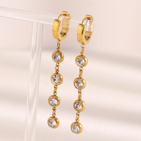 Elegant Long Tassel Dangle Earrings For Women 18K Gold Plated Stainless Steel With Round Clear Zirconia Geometric