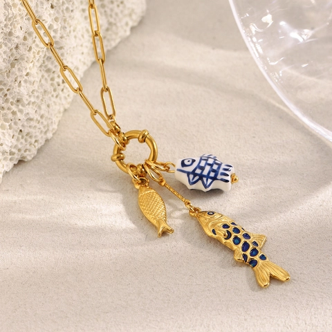 Fish Pendant Necklace Stainless Steel 18K Gold Plated Paperclip Chain Blue White Porcelain Enamel Marine Jewelry For Women