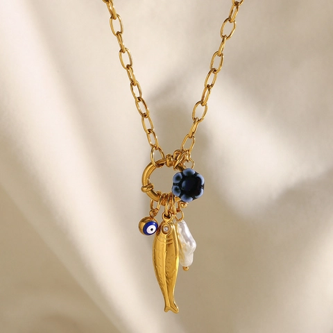 Gold Plated Stainless Steel Pendant Necklace With Fish Evil Eye Artificial Baroque Pearl Flower Charms For Women Fashion Jewelry