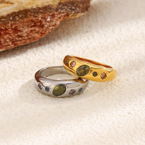 Vintage Geometric Dome Ring Stainless Steel 18K Gold Plated Colorful Zircon Inlay Chic Jewelry Accessory For Women