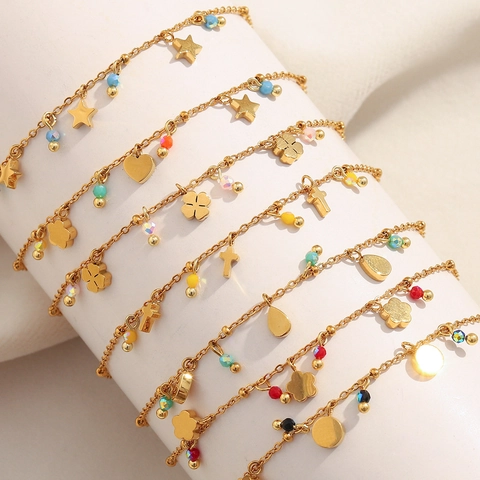 18K Gold Plated Stainless Steel Charm Bracelet For Women Bohemian Tassel Heart Star Cross Clover Pendant Colored Bead Adjustable Chain Jewelry