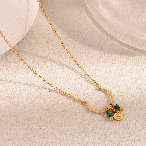Vintage Heart Pendant Necklace 18K Gold Plated Stainless Steel With Green Beads U-Shape Ring Fashion Jewelry For Women