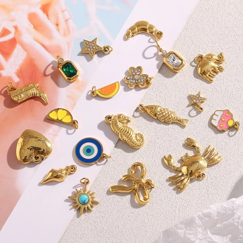 Colgante Dije Acero Inoxidable Chapado Oro 18K Caballito De Mar Lazo Estrella Corazón Ojo Turco Para Collar Pulsera DIY Joyería