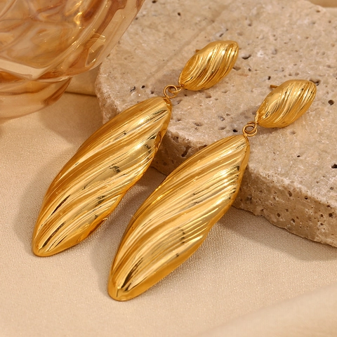 Vintage French Style Long Drop Earrings For Women Stainless Steel With Vertical Stripes Gold Plated Elegant Jewelry