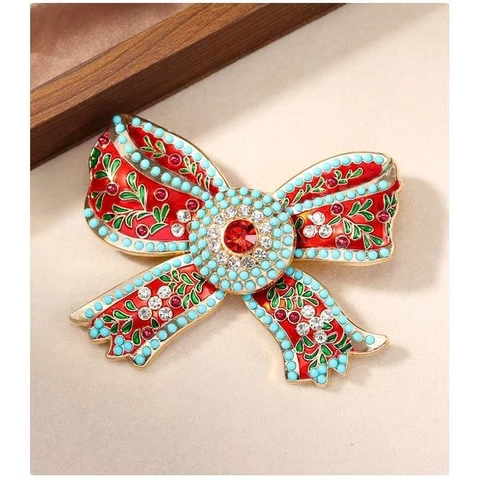 Retro Palace Style Enamel Bow Brooch For Women High-End Alloy Rhinestone Imitation Turquoise Corsage Suit Coat Jewelry